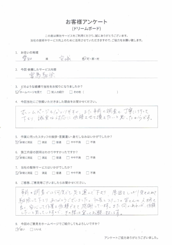 お客様の声 鳥飛来防止
